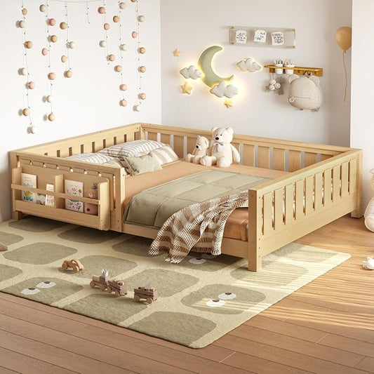 Bellemave Queen Size Floor Bed with Slats and Safety Guardrail, Queen Size Montessori Floor Bed with Fence and Built-in Bookshelf, Easy Assemble Montessori Beds for Girls, Boys, Light Natural