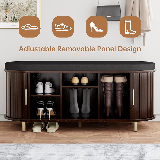 DHH 2-Tier Storage Bench,Wide Shoe Bench with Thickened Padded Seat Cushion, Mid Century Modern Fluted Sliding Door and Adjustable Shelf, for Entryway, Living Room, Bedroom (Dark Walnut, 43.3“)