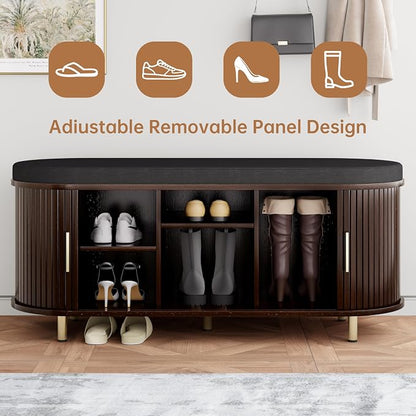 DHH 2-Tier Storage Bench,Wide Shoe Bench with Thickened Padded Seat Cushion, Mid Century Modern Fluted Sliding Door and Adjustable Shelf, for Entryway, Living Room, Bedroom (Dark Walnut, 43.3“)