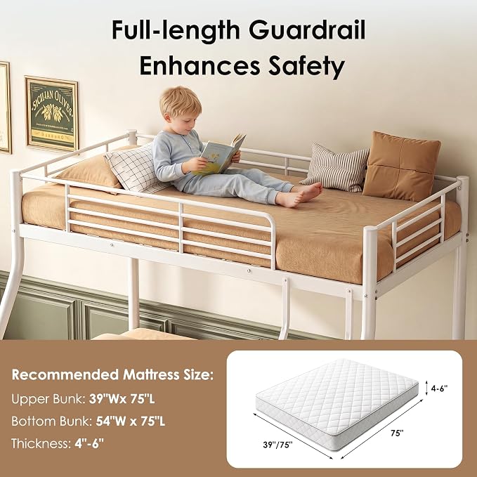 Bunk Beds Twin Over Full Size, Heavy Duty Metal Bunk Bed Frame with Angled Ladder for Teens and Adults, for Spaces-Saving, Smooth Rounded Edges, Noise Free & Easy Assembly, White