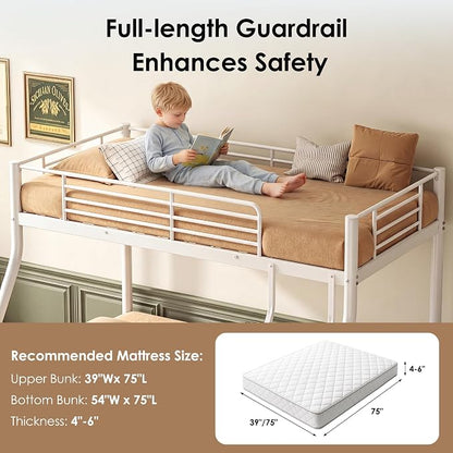 Bunk Beds Twin Over Full Size, Heavy Duty Metal Bunk Bed Frame with Angled Ladder for Teens and Adults, for Spaces-Saving, Smooth Rounded Edges, Noise Free & Easy Assembly, White