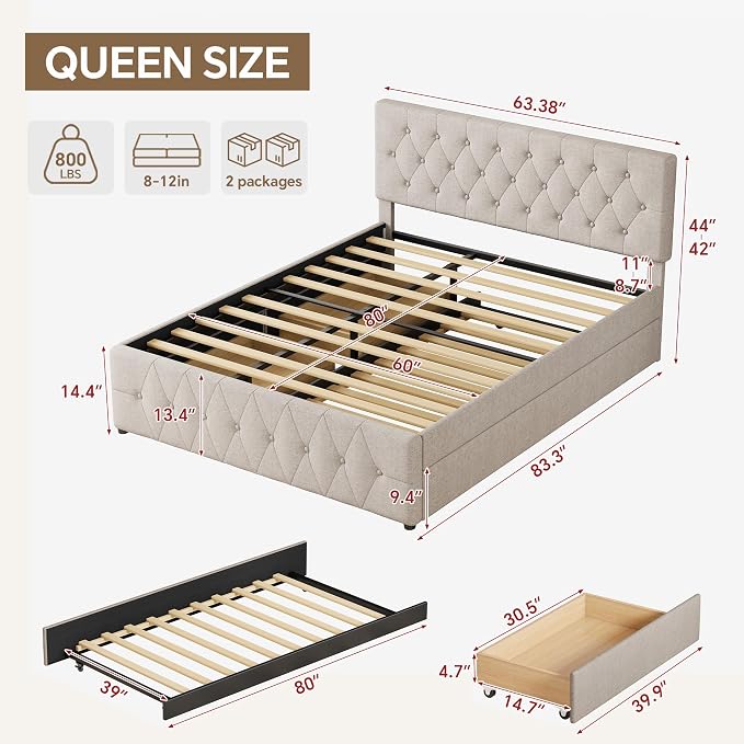 Ball & Cast Queen Bed Frame with Adjustable Headboard,Upholstered Platform Bed Frame Queen Size with 2 Wood Storage Drawers & Pull‑Out Trundle Bed,Wooden Slats Support,No Box Spring Needed,Taupe