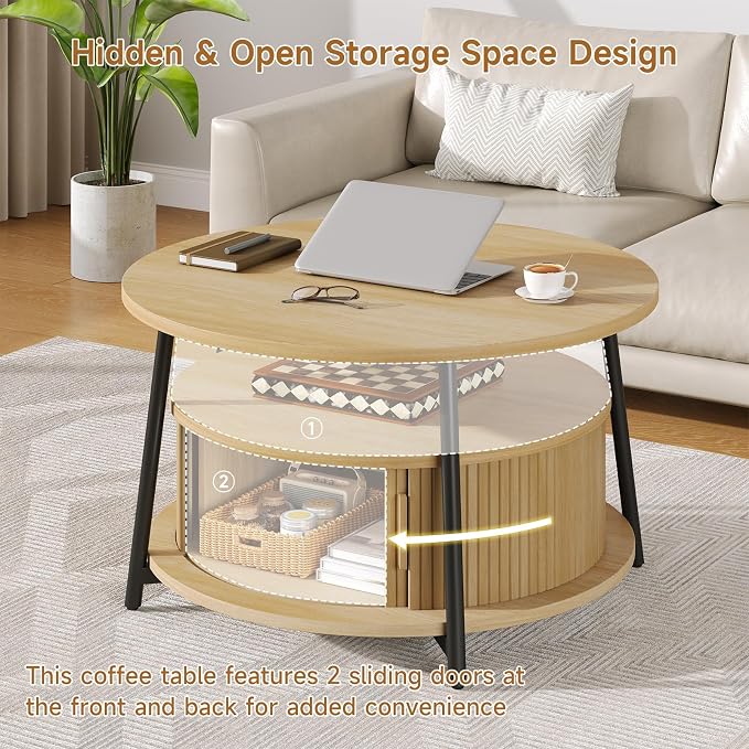 31.5 Inch Round Coffee Table with Storage, Fluted Coffee Tables with 2 Tiers, Mid-Century Modern Center Table with 2 Sliding Doors and Adjustable Footpad for Living Room, Oak