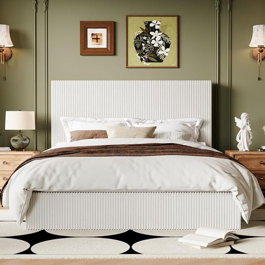 Allewie Queen Bed Frame, Upholstered Platform Bed, Adjustable Vertical Channel Tufted Headboard, Corduroy Fabric, Modern Low Profile, Wooden Slats, No Box Spring Needed, Easy Assembly, White