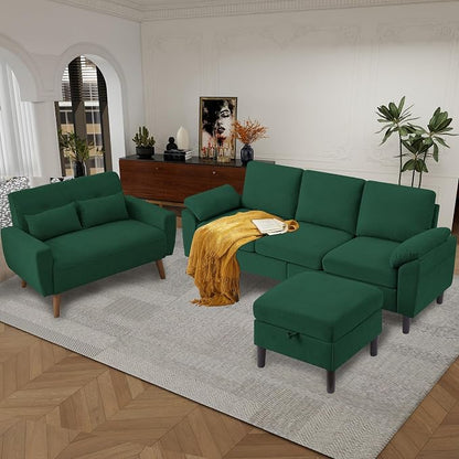 79" Convertible Sectional Sofa Set, Modern Linen Small L Shaped Couch with Reversible Ottoman and Loveseat, 3-Seat Sofa Couches for Living Room, Office, Apartment, Green