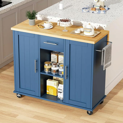 JY QAQA 42" Kitchen Island with Storage on Wheels, Rolling Table with Drop Leaf, Drawers, Cart Handle for Towel Rack or Free Movement, Blue