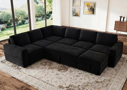 HONBAY Modular Sectional Sleeper Sofa with Pull Out Bed,Corduroy U Shaped Couch with Storage, Sectional Couches for Living Room,Black