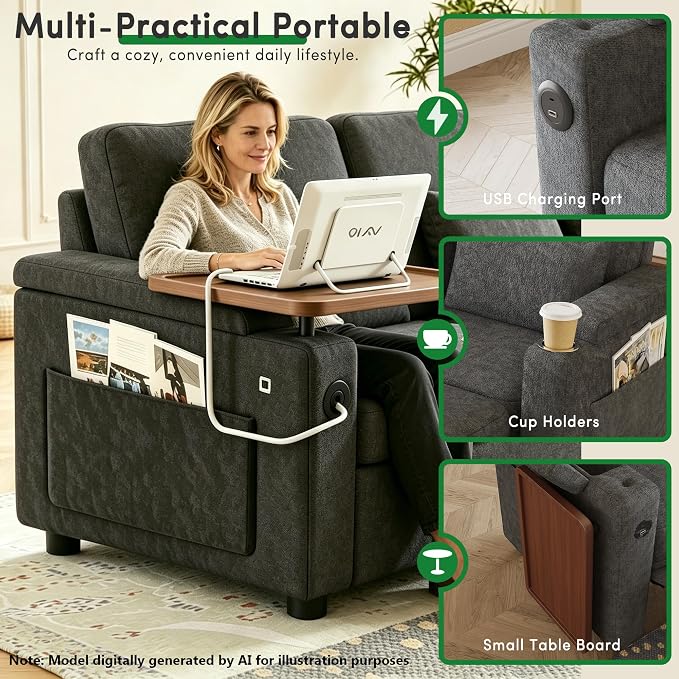 83" Recliner Sofa Bed, 3-in-1 Chenille Sleeper Sofa, Pull Out Couch Adjustable Backrest, USB, Side Pocket, Table, Cup Holder, Cloud Couch for Living Room, Apartment, Small Space, Dark Gray