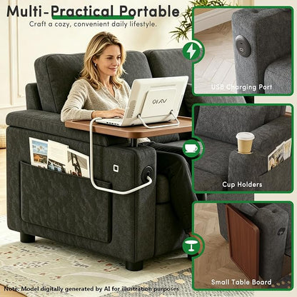 83" Recliner Sofa Bed, 3-in-1 Chenille Sleeper Sofa, Pull Out Couch Adjustable Backrest, USB, Side Pocket, Table, Cup Holder, Cloud Couch for Living Room, Apartment, Small Space, Dark Gray