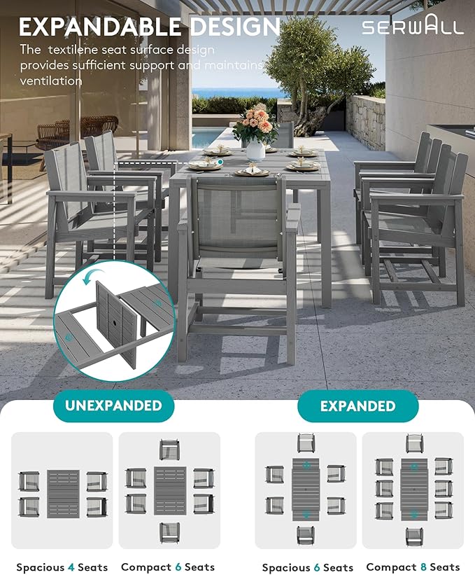 SERWALL HDPE Outdoor Dining Set for 8 with Textilene Chairs, Grey | 60" - 83" Aluminum Expandable Patio Dining Table and Breathable Textilene Chairs, All Weather HDPE Patio Furniture Set