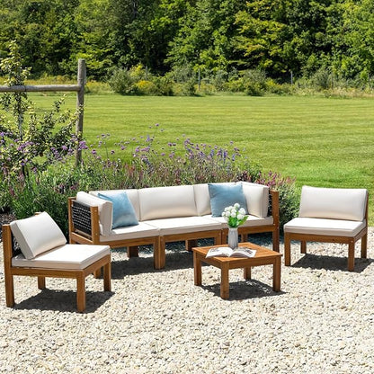 Greesum 6 Pieces Small Patio Sofa, Acacia Wood Frame, Padded Patio Conversation and Chairs Set for Garden, Backyard, Poolside, Beige