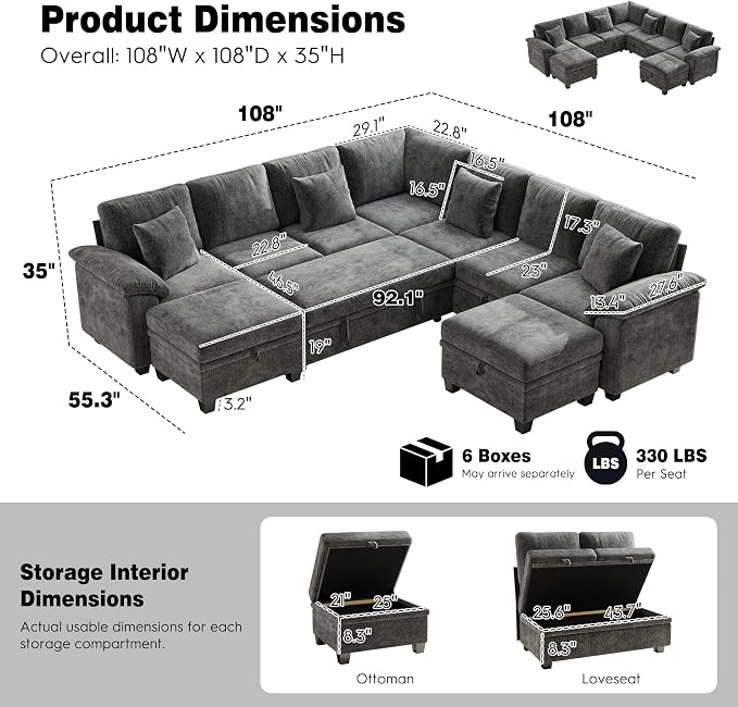 Ihanherry 108" Modular Sectional Sofa with Pull Out Bed, 9-Seater U Shaped Sectional Sleeper Couch with Storage, Chenille Convertible Couches for Living Room, Apartment (Grey)