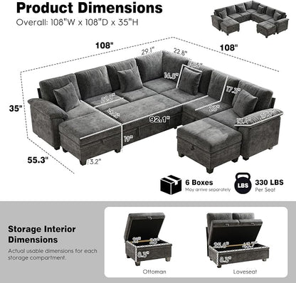 Ihanherry 108" Modular Sectional Sofa with Pull Out Bed, 9-Seater U Shaped Sectional Sleeper Couch with Storage, Chenille Convertible Couches for Living Room, Apartment (Grey)