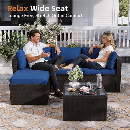 Aoxun Patio Furniture Set 5-Piece, Outdoor Sectional Sofas with Washable Cushion, Wicker Rattan Patio Conversation Sets for Backyard Porch and Poolside, Navy