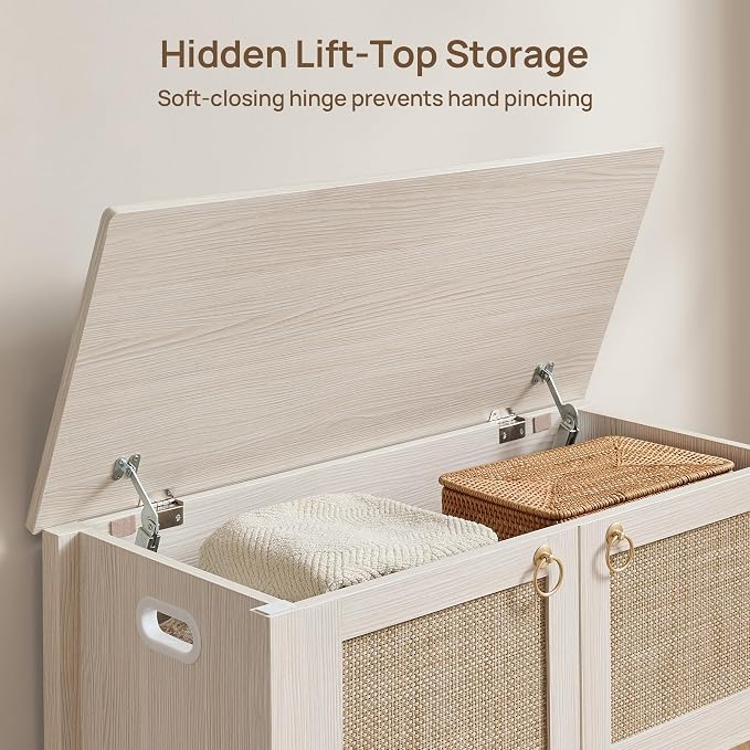 SICOTAS Rattan Storage Bench Boho Storage Chest with 2 Safety Hinges | Wood Storage Truck Box for Bedroom, Living Room, Entryway, Supports 220 lb, White Oak