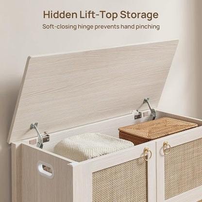 SICOTAS Rattan Storage Bench Boho Storage Chest with 2 Safety Hinges | Wood Storage Truck Box for Bedroom, Living Room, Entryway, Supports 220 lb, White Oak