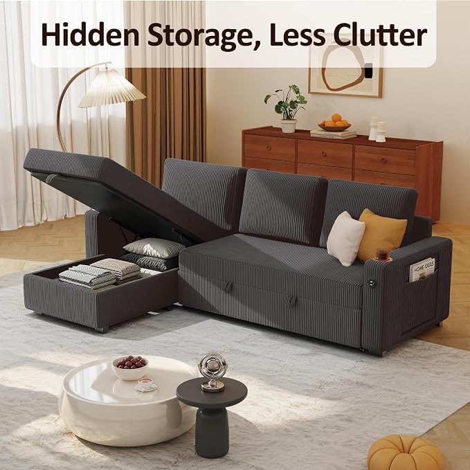 Ball & Cast 80" Sectional Sleeper Sofa Bed Pull Out Couches for Living Room | L Shaped Convertible Pull Out Sofa Bed with Storage Chaise, Foldable Table, USB Port, Cup Holder, Side Pocket for Small Space