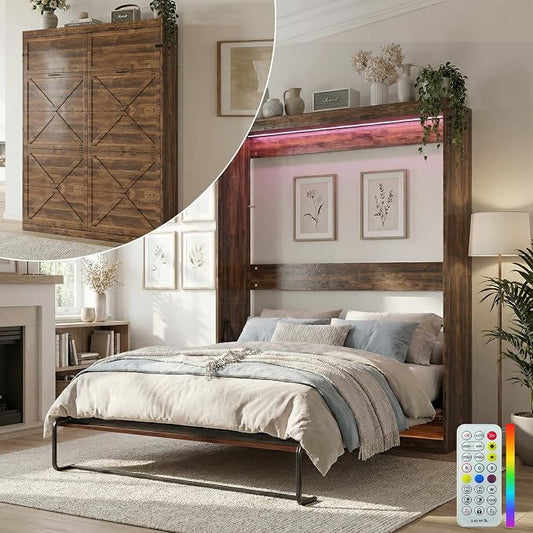 Mjkone Full Murphy Bed, Cabinet Beds Full Size, Modern Hidden Murphy Wall Chest Beds with Space-Saving Design, Adults Cabinet Guest Bed with 16 Colors of LED Lights for Bedroom, Apartment - Brown