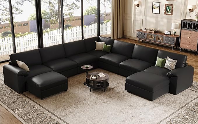 EASE MOOSE Faux Leather Sectional Couch with Ottoman, Oversized Modular Sofa, Vintage Comfy Modular Couch, Scratch Resistant Material Sofas, U Shaped Couch for Living Room, Black