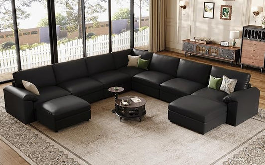 EASE MOOSE Faux Leather Sectional Couch with Ottoman, Oversized Modular Sofa, Vintage Comfy Modular Couch, Scratch Resistant Material Sofas, U Shaped Couch for Living Room, Black