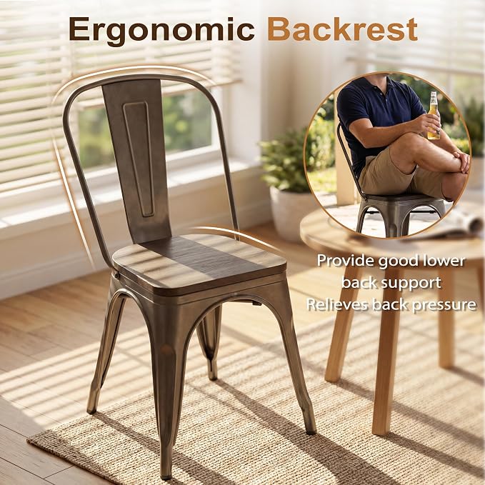 JUMMICO Metal Dining Chair Stackable Industrial Vintage Kitchen Chairs Indoor-Outdoor Bistro Cafe Side Chairs with Back and Wooden Seat Set of 4 (Gun)