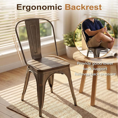 JUMMICO Metal Dining Chair Stackable Industrial Vintage Kitchen Chairs Indoor-Outdoor Bistro Cafe Side Chairs with Back and Wooden Seat Set of 4 (Gun)
