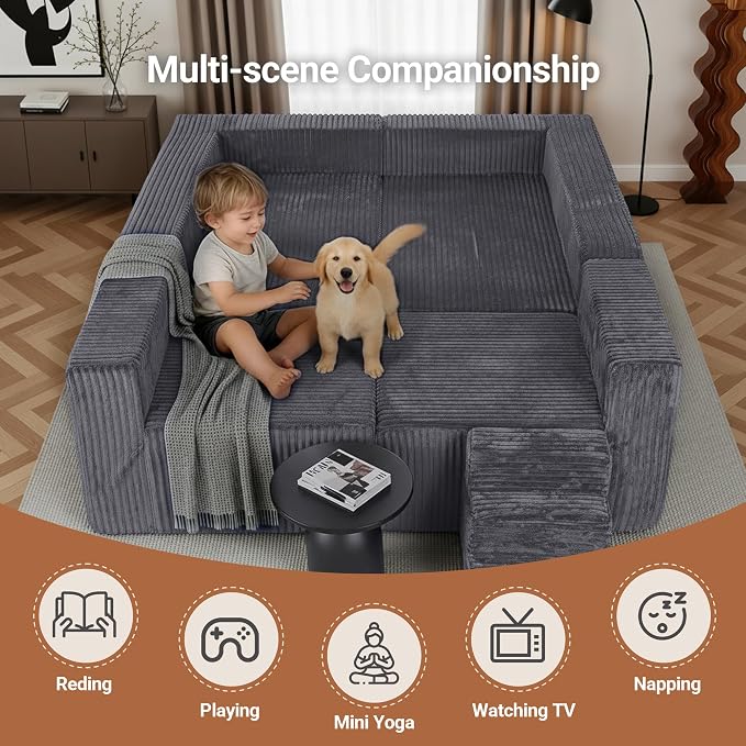 Claiks 128" Modular U Shaped Couch, Sectional Deep Seat Sofa with Pet Stair, Dark Grey