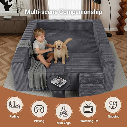 Claiks 128" Modular U Shaped Couch, Sectional Deep Seat Sofa with Pet Stair, Dark Grey