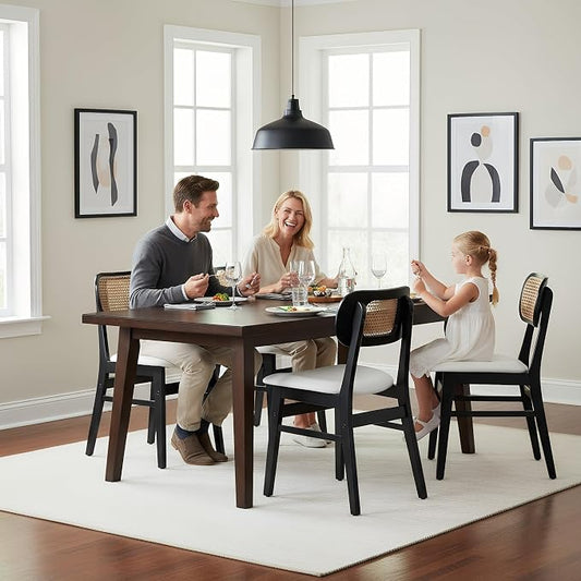 ROCITY Rattan Dining Chairs Set of 6 Black Wooden Dining Room Chairs White Faux Leather Kitchen Chairs with Back Farmhouse Side Chairs, Natural Wood