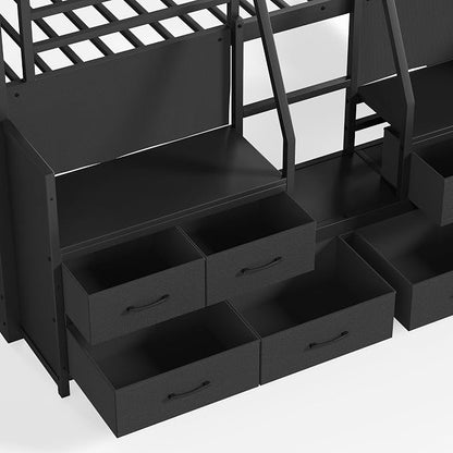 Bellemave Full Size Loft Bed with 8 Non-Woven Fabric Storage Drawers and Bookshelf, Low Loft Bed with Lights and Private Play Curtain, Full Loft Beds with High Rails, Noise Reduced Black