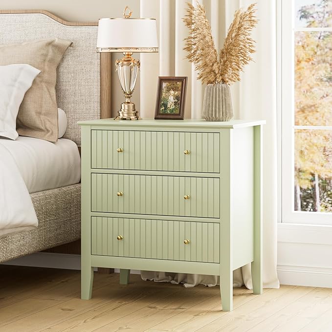Night Stand, Fluted 3 Drawer Wide Farmhouse Nightstand with Gold Handle, Modern Wooden Bedside End Table for Bedroom, Living Room, Pale Green
