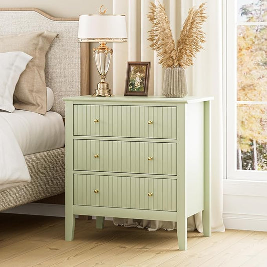 Night Stand, Fluted 3 Drawer Wide Farmhouse Nightstand with Gold Handle, Modern Wooden Bedside End Table for Bedroom, Living Room, Pale Green