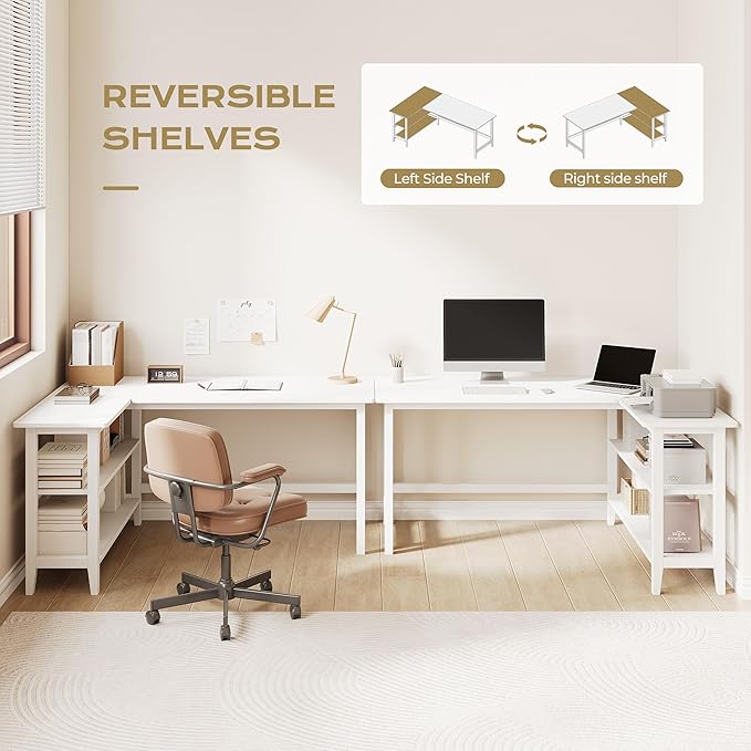 IOTXY Reversible L-Shaped Office Desk - 45" Compact Corner Computer Table with Storage Shelves, Solid Wood Legs, Writing & Study Workstation for Small Spaces, White