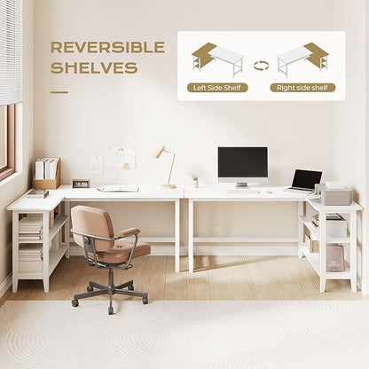 IOTXY Reversible L-Shaped Office Desk - 45" Compact Corner Computer Table with Storage Shelves, Solid Wood Legs, Writing & Study Workstation for Small Spaces, White