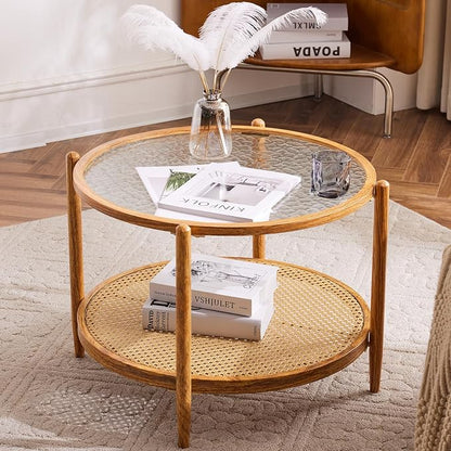 VINGLI 25.6" Rattan Coffee Table, Round Water-Wave Glass Metal Center Table, Modern Coffee Table with 2-Tier Storage, Farmhouse Circular Coffee Tables for Living Room and Small Space, Natural Vibe