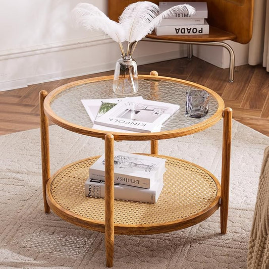 VINGLI 25.6" Rattan Coffee Table, Round Water-Wave Glass Metal Center Table, Modern Coffee Table with 2-Tier Storage, Farmhouse Circular Coffee Tables for Living Room and Small Space, Natural Vibe