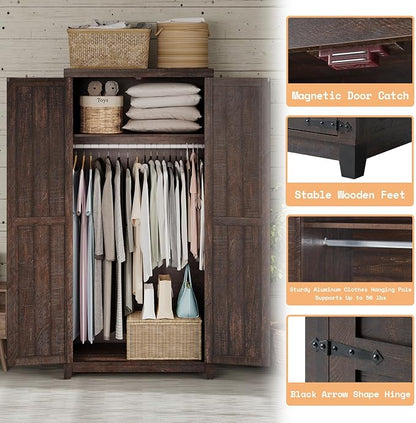LUXOAK 70" Large Armoire Wardrobe Closet with Hanging Rod, Farmhouse Clothing Storage Cabinet with 2 Barn Doors, Wooden Tall Bedroom Armoires with Shelf, Espresso