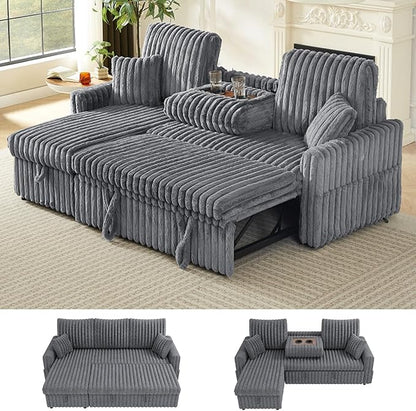 KCGKCG Sleeper Sofa Bed, 81” Pull Out Couch Bed with Reversible Storage Chaise, 3 in 1 L-Shaped Couch with Charging Station, Cup Holder, Side Pocket, Plush Corduroy Couches for Living Room(Light Grey)