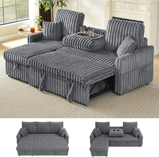 KCGKCG Sleeper Sofa Bed, 81” Pull Out Couch Bed with Reversible Storage Chaise, 3 in 1 L-Shaped Couch with Charging Station, Cup Holder, Side Pocket, Plush Corduroy Couches for Living Room(Light Grey)
