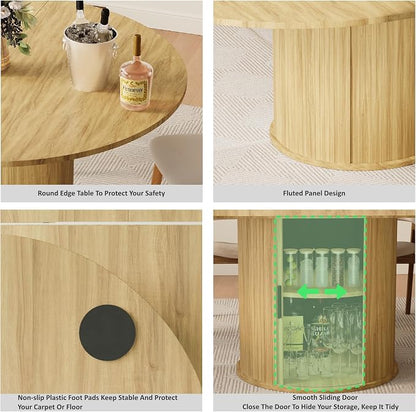Dining Table for 4-6,59“Extendable Round Dining Room Kitchen Table with Storage,Round Table for Living Room,Fluted Wood Table with Slide Door,Expandable Oval Dinner Furniture with Pedestal Base,Oak