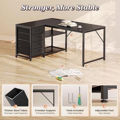 PRAISUN 43.3" Small Computer Desk with Power Outlets & USB-C Port, Reversible L Shaped Corner Office Desk with 4 Fabric Drawers and 2 Adjustable Storage Shelves, for Gaming Writing, Black