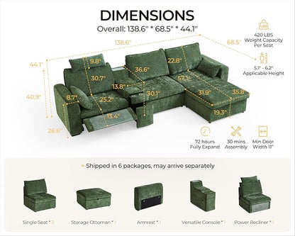 138.6'' Oversized Power Recliner Sofa with Headrest, Modular Cloud Sectional Couch with Convertible Table, Charging, Drawer, Cup Holder, 4-Seater with Storage Ottoman, Chenille, Green