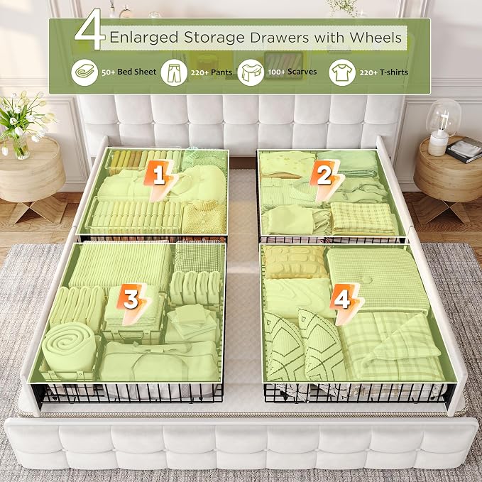 EnHomee King Size Bed Frame with 6 Storage Drawers and LED Lights,Bed Frame King Size with Velvet Upholstered Headboard and Charging Station,No Box Spring Needed,Noise-Free,Easy Assembly,Modern,Beige