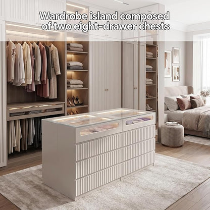 senlin Modern 16 Drawer Wardrobe Armoire with Glass Top LED Lights,Fluted Island Dresser Bedroom Closet Organizer System,Large Clothing Storage Cabinet with Jewelry Tray,Hidden Handles