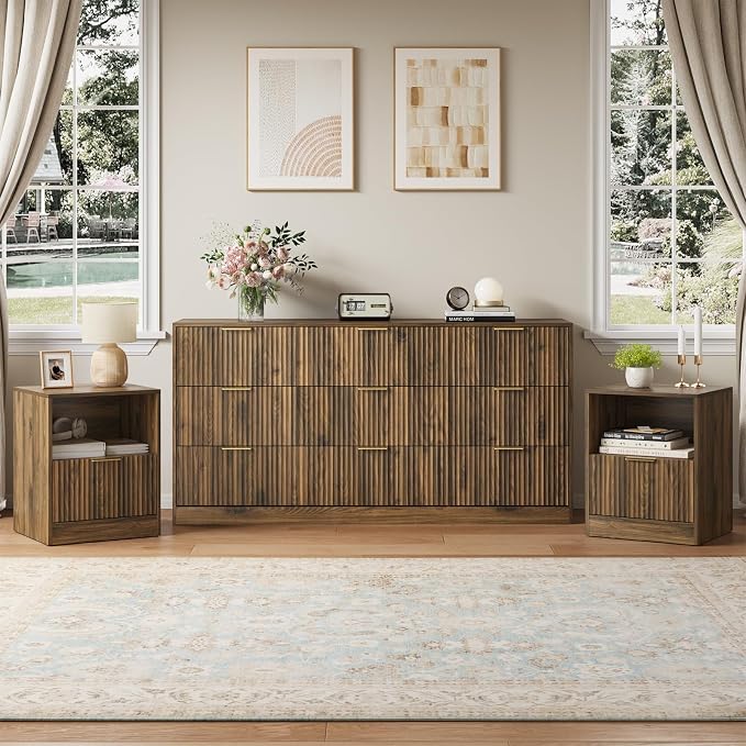 9 Drawer Dresser & Nightstand Set 3-Piece, 63” Wide Bedroom Dresser Set Night Stand Set of 2 with Metal Handle, Fluted Modern Wood Chest of Drawers Storage Dressers Set for Bedroom, Walnut