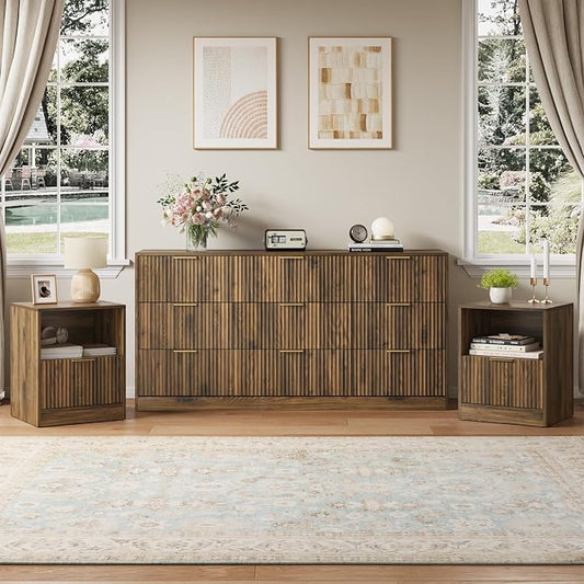 9 Drawer Dresser & Nightstand Set 3-Piece, 63” Wide Bedroom Dresser Set Night Stand Set of 2 with Metal Handle, Fluted Modern Wood Chest of Drawers Storage Dressers Set for Bedroom, Walnut