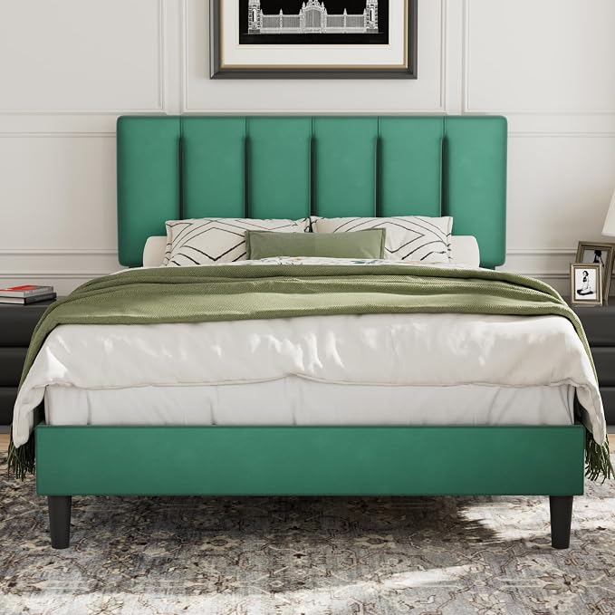 VECELO Queen Size Bed Frame with Adjustable Headboard, Upholstered Platform Bedframe with Wood Slat Support, No Box Spring Needed, Easy Assembly, Dark Green