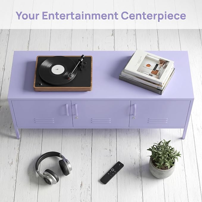 3 Door Lockable Metal TV Stand Storage Cabinet with Accent Cabinet Locker, Wide Heavy Duty Media Console for Large 100+ Inch TVs, Home Office Entertainment Center, Purple 22"H X 47.3"W X 13.8"D