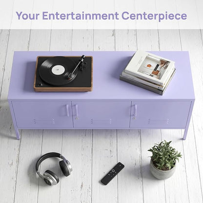 3 Door Lockable Metal TV Stand Storage Cabinet with Accent Cabinet Locker, Wide Heavy Duty Media Console for Large 100+ Inch TVs, Home Office Entertainment Center, Purple 22"H X 47.3"W X 13.8"D