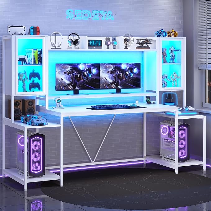 SEDETA Gaming Desk 74.8'' with LED Lights, Hutch and Storage Shelves, Computer Desk with Monitor Stand, Large PC Gamer Desk Workstation, Ergonomic Gaming Table for Bedroom, Living Room, White